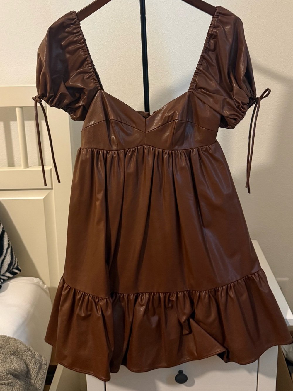 Amanda Uprichard Chestnut Brown Faux Leather Puff-Sleeve Mini Dress